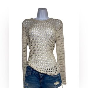 2010s forever 21 beige knit crochet crewneck